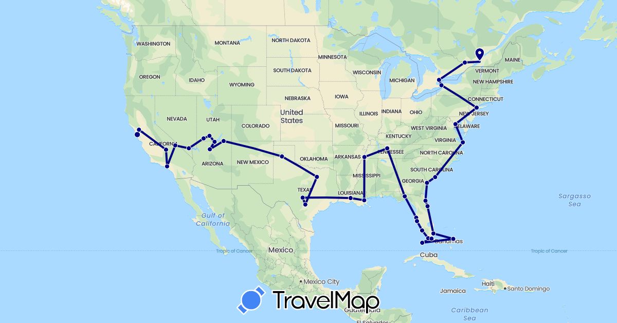 TravelMap itinerary: driving in Bahamas, Canada, United States (North America)